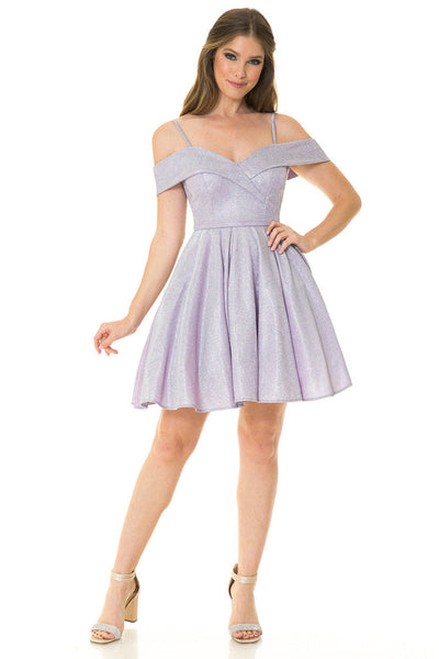 Lenovia 5228 Short Metallic Glitter Cold Shoulder A-Line Dress
