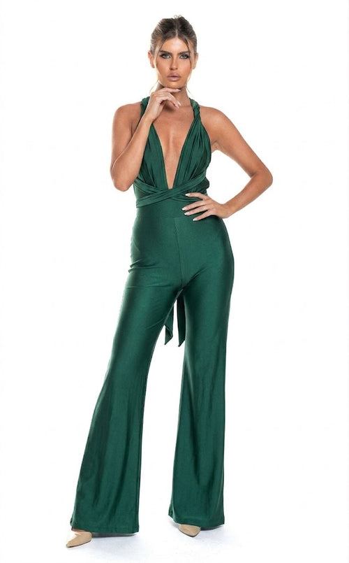 Backless Halter Wide-Leg Plunge-Neck Evening Jumpsuit with Crisscross Back by Jessica Angel 849