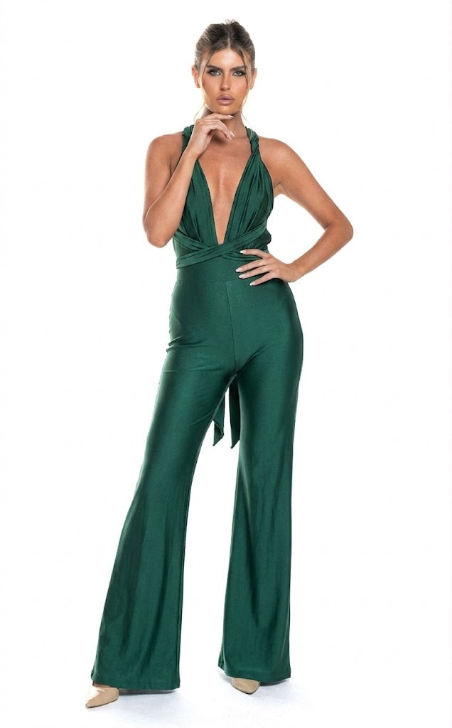 Backless Halter Wide-Leg Plunge-Neck Evening Jumpsuit with Crisscross Back by Jessica Angel 849