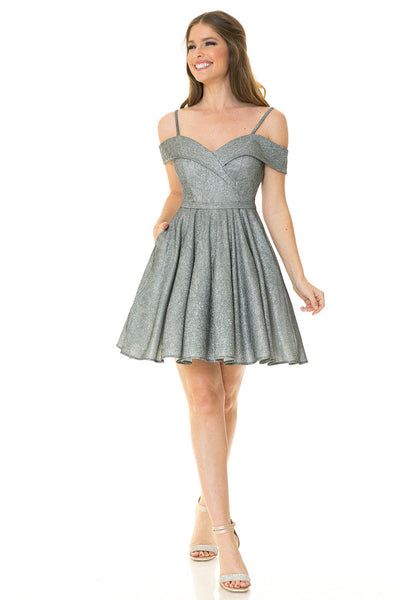 Lenovia 5228 Short Metallic Glitter Cold Shoulder A-Line Dress