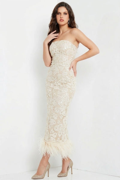 Strapless Floral Lace with Feather Hem Illusion & Sheer Tulle Wrap by Jovani 24256