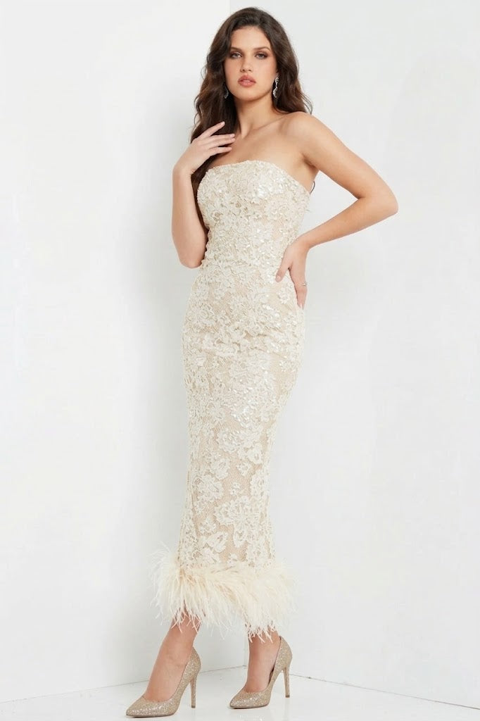 Strapless Floral Lace with Feather Hem Illusion & Sheer Tulle Wrap by Jovani 24256