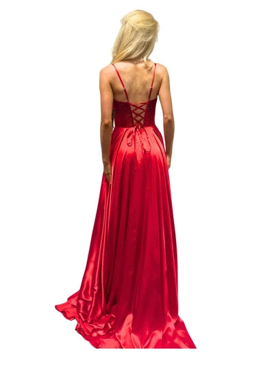 Sleeveless Beaded Corset Bodice Prom Dress High Slit & Pockets Evening Gown by Trevi L2861L