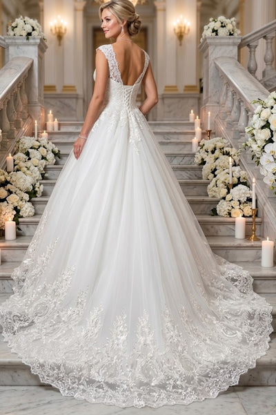 DeKlaire 456 A-Line Wedding Dress with Scoop Neck, Cap Sleeves & Chapel Train
