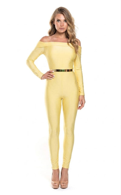 Off Shoulder Long-Sleeve Jumpsuit with Belt Sleek Bodycon Evening Dress by Jessica Angel 868