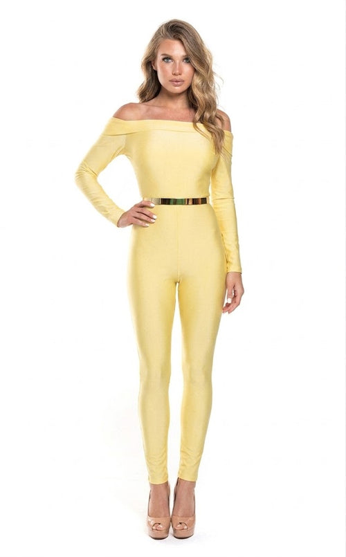 Off Shoulder Long-Sleeve Jumpsuit with Belt Sleek Bodycon Evening Dress by Jessica Angel 868