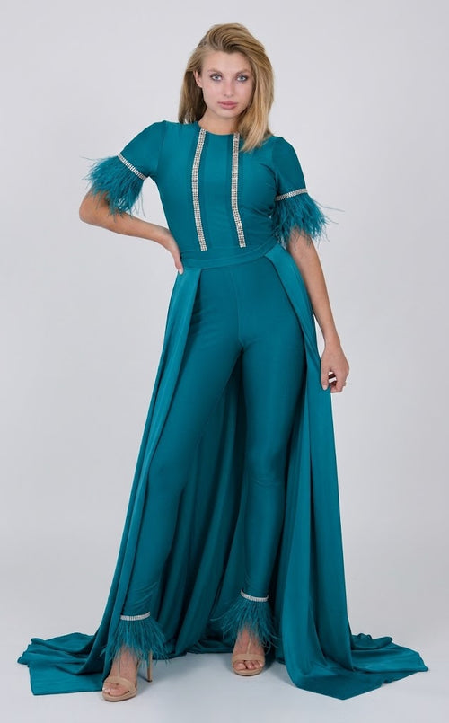 Feather Short Sleeve Convertible Formal Jumpsuit with Overskirt by Jessica Angel 917