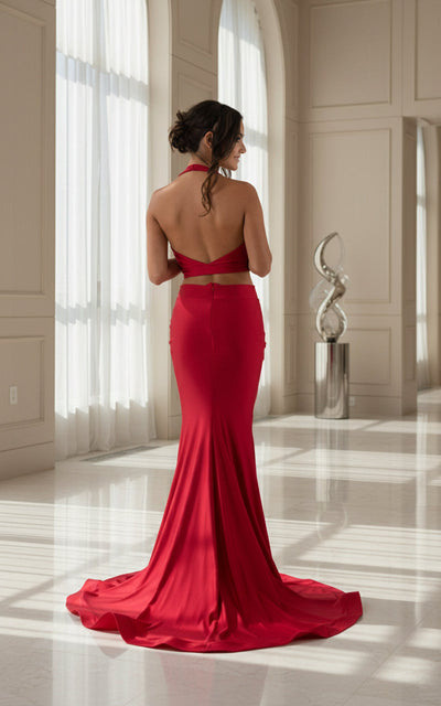 Jessica Angel JA588 Plunging Halter Fitted Open Back Court Train Jersey Dress