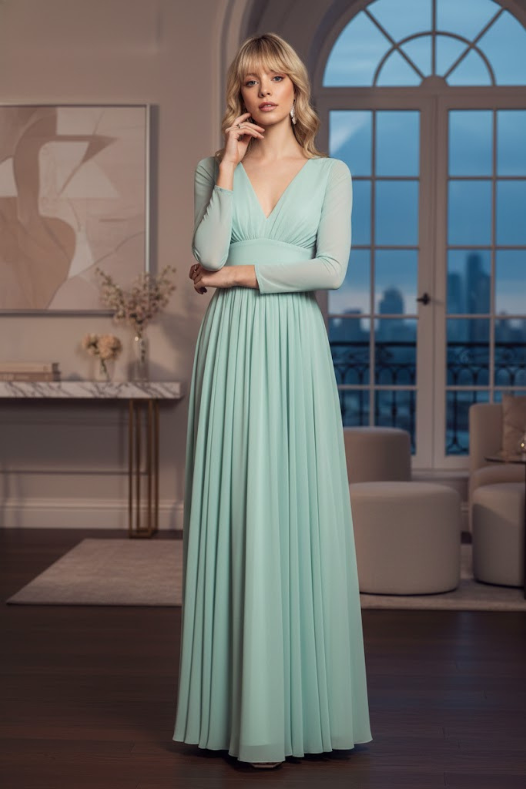 Sage Bridesmaid Dresses-Inexpensive Lenovia 5234 Long Sleeve Sheer Sage Bridesmaid Dresses-Inexpensive Lenovia 5234 Long Sleeve Sheer