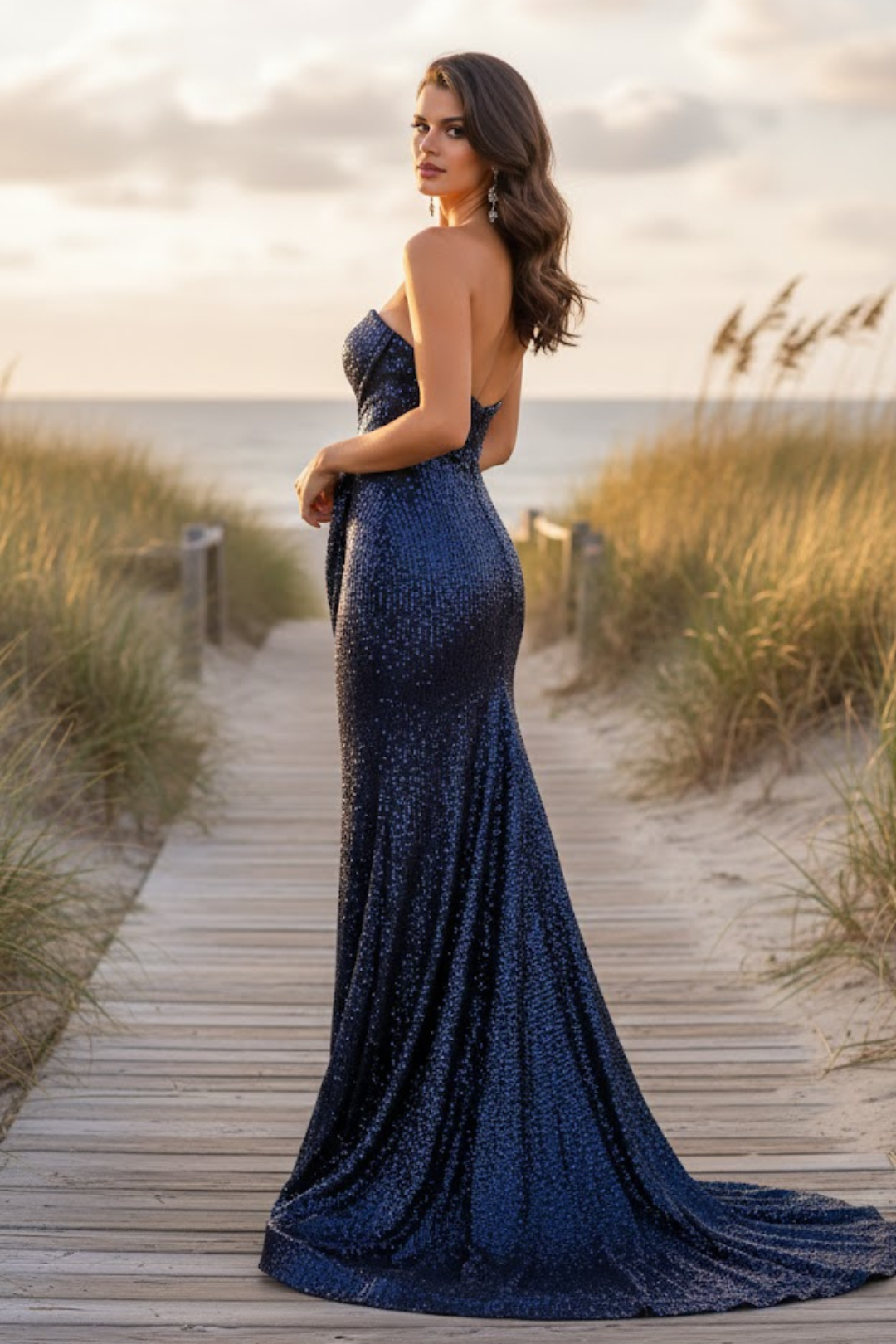 Jessica Angel JA996 Strapless Fitted High Slit Train Stretch Sequin Dress