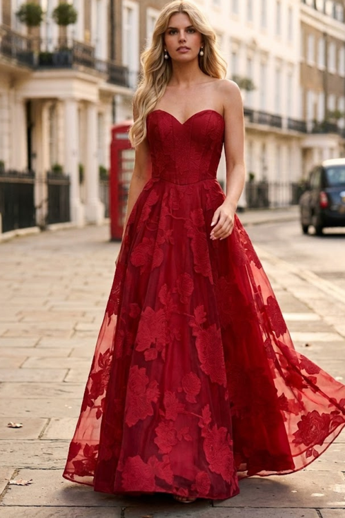 Strapless Floral Organza A-line Gown with Corset Bodice Sweetheart Formal Prom Dress by Jovani 47327
