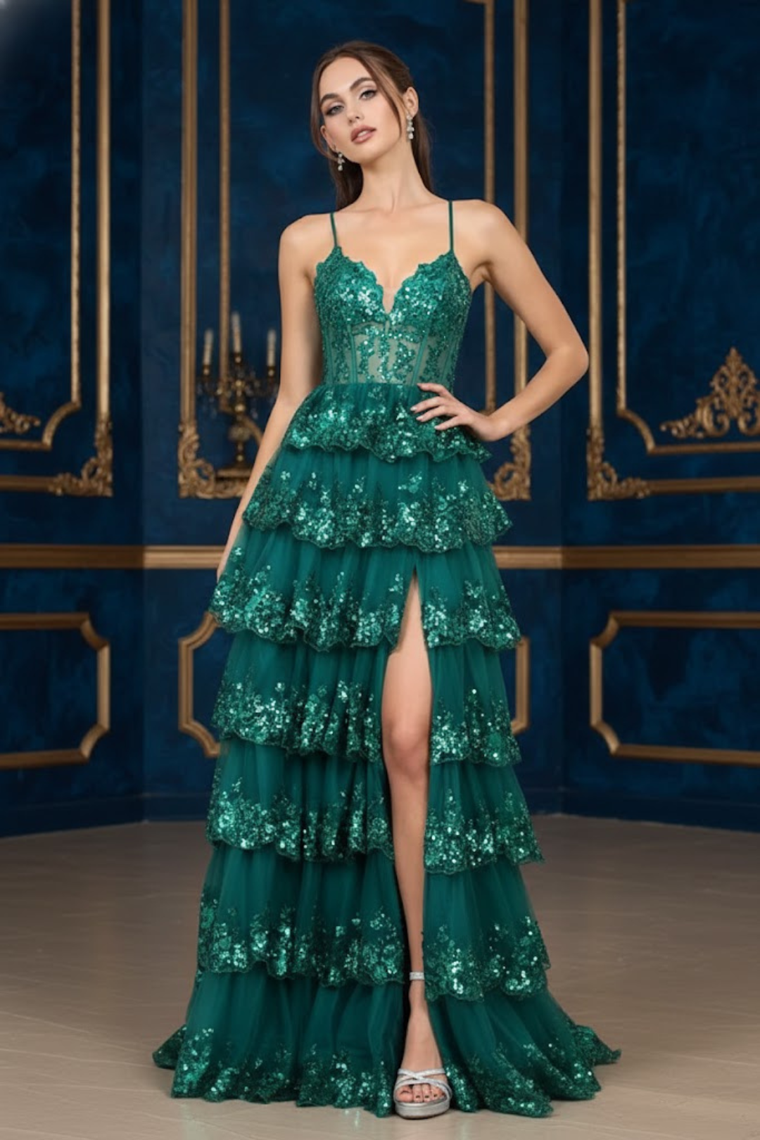 Adora Design 3218 Sequin Ruffle A-Line Slit Gown