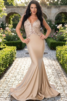 Jessica Angel JA543 Spaghetti Strap Mermaid Godet Court Train Sequin Dress