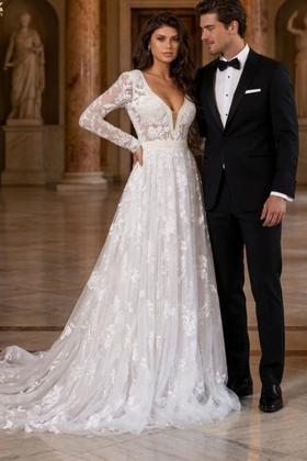 Primavera Couture 11111 Long Sleeve A-Line Wedding Dress