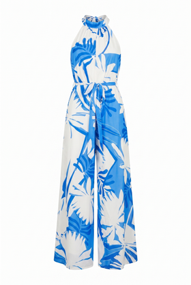 Flying Tomato 7690 Blue/Ivory Halter Printed Jumpsuit