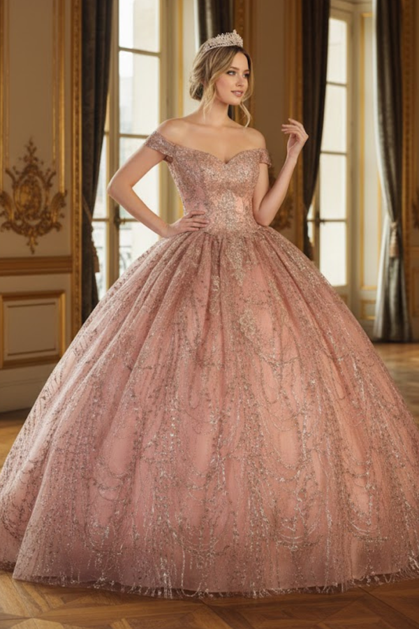 Layla K Rose Gold Mesh/Glitter Ball Gown Dress
