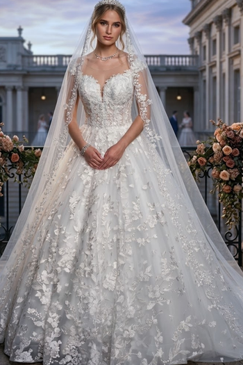 A-Line Wedding Dress with Cap Sleeves & Illusion Boat Neckline