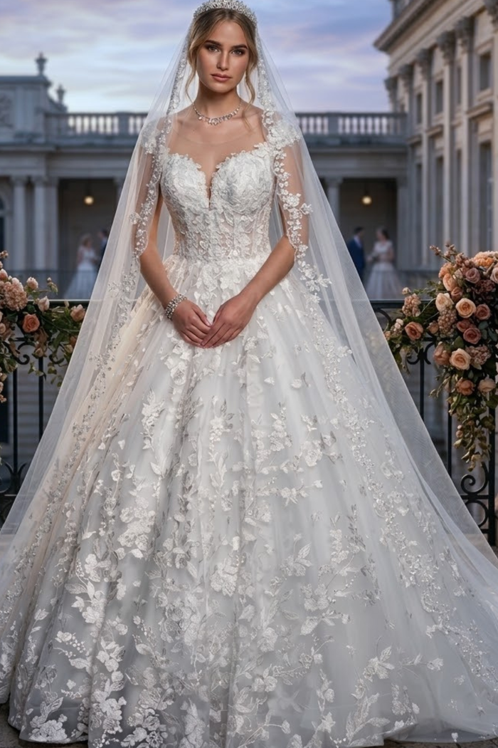 A-Line Wedding Dress with Cap Sleeves & Illusion Boat Neckline