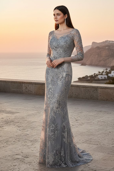 High Neck Long Sleeve Fitted Lace Gown