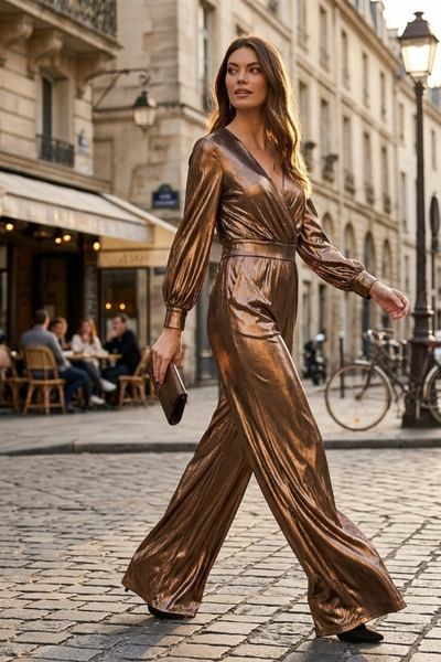 Lara 8121 Metallic Shimmer V-Neck Stretchy Long Sleeve Jumpsuit with Pockets