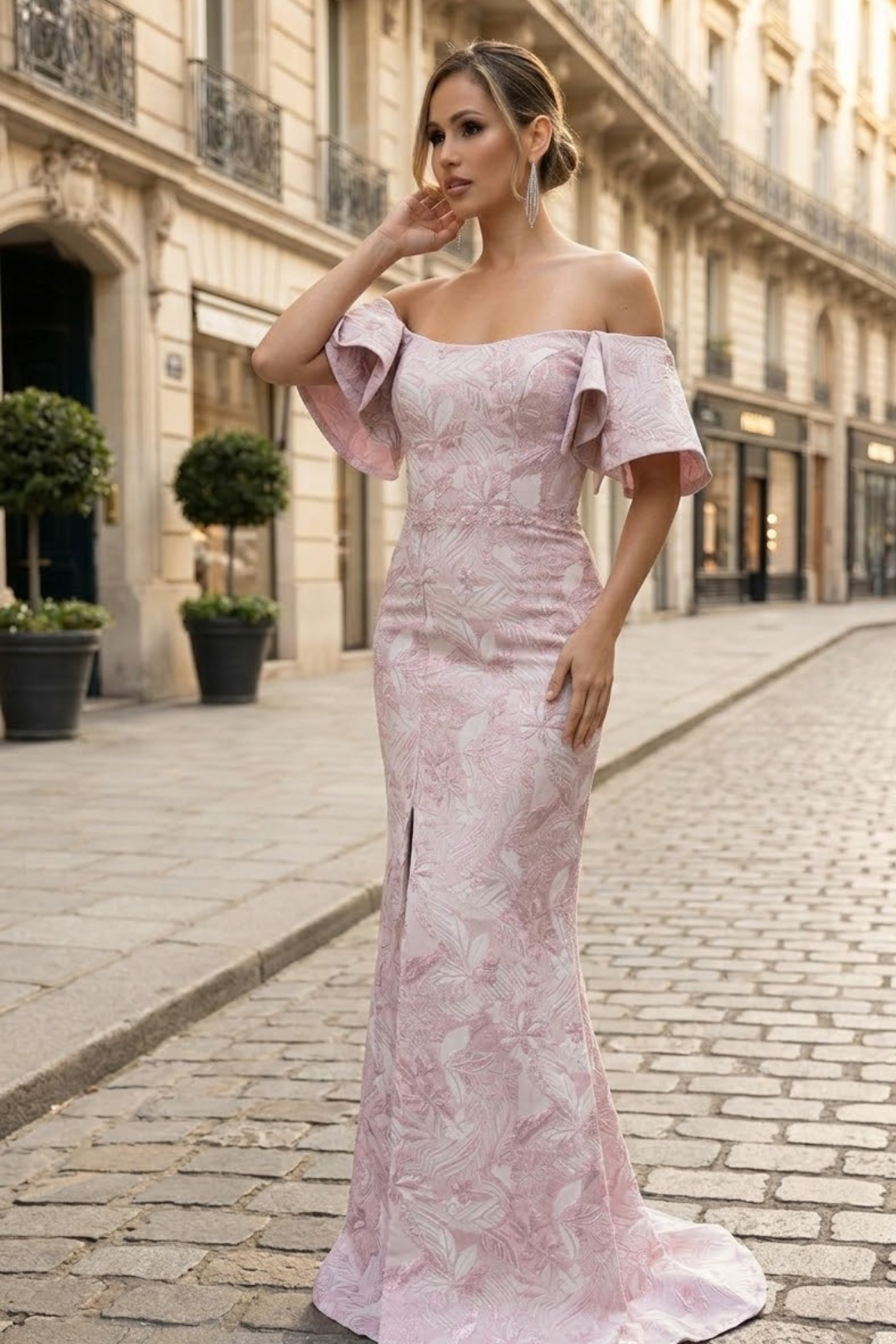 Terani Couture 241M2719 Evening Mother of the Bride Off-Shoulder Rose Jacquard Dress
