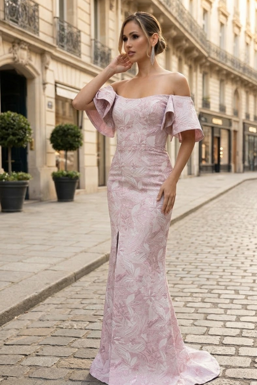 Terani Couture 241M2719 Evening Mother of the Bride Off-Shoulder Rose Jacquard Dress