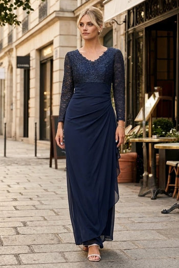 Clearance Navy Size 2XL V-Neck Long Lace Gown Mother of the Groom Dress By EVA USA 3451