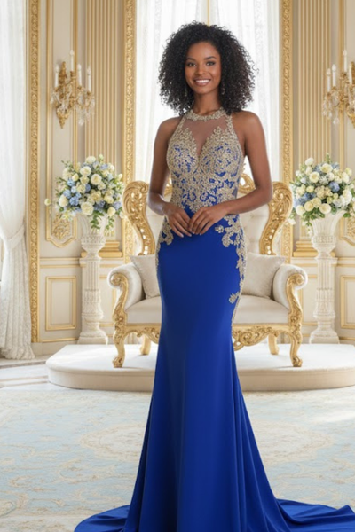 Clarisse 4962 Halter Embroidered Floor-Length Blend Dress