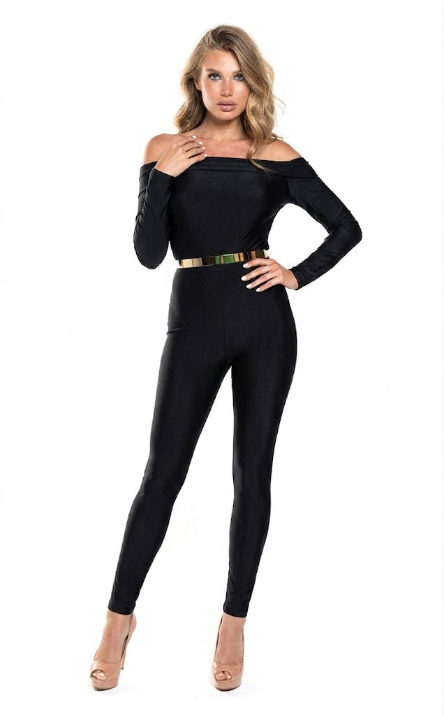 Off Shoulder Long-Sleeve Jumpsuit with Belt Sleek Bodycon Evening Dress by Jessica Angel 868