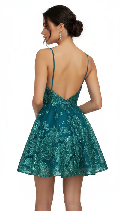 Emerald Floral Sequin Short Dress Spaghetti Strap V-Neck A-Line Cocktail Dress by Trevi TS3021L