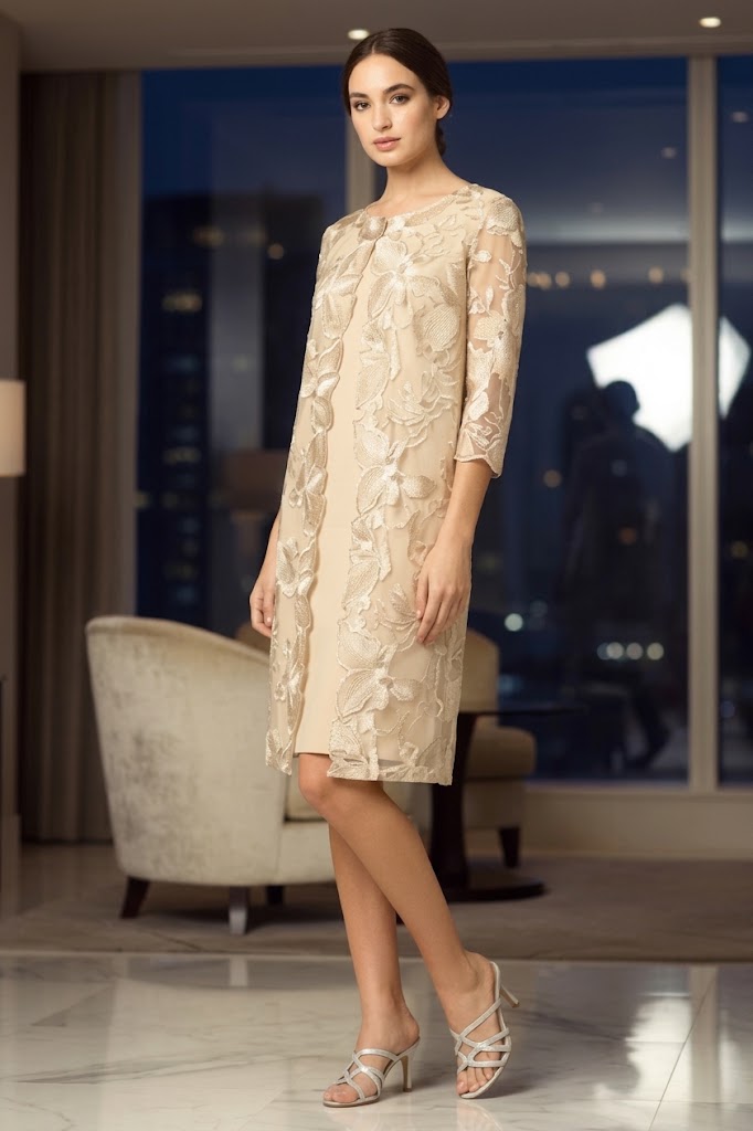 Vestido para madre de la novia con chaqueta de encaje y mangas 3/4 Eva USA 3351