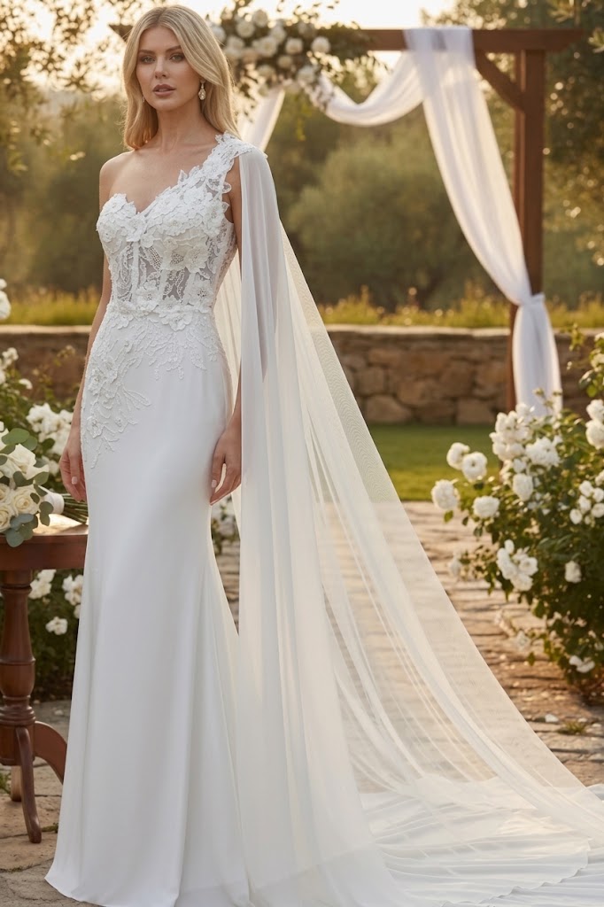 Elegant One-Shoulder Lace Wedding Dress with Chiffon Cape – Floral Appliqué Mermaid Bridal Gown by Amelia Couture 388