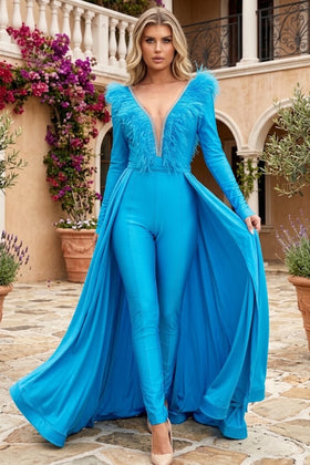 Feather Trim Long Sleeve Jumpsuit Gown with Deep V-Neck & Flowing Overskirt by Jessica Angel 864