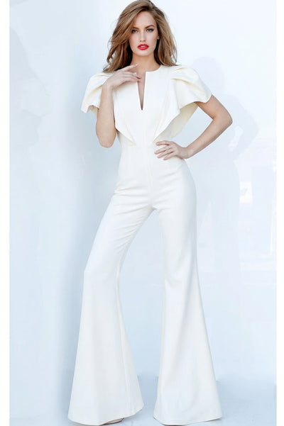Chic Black Ruffle Jumpsuit with Split Neckline