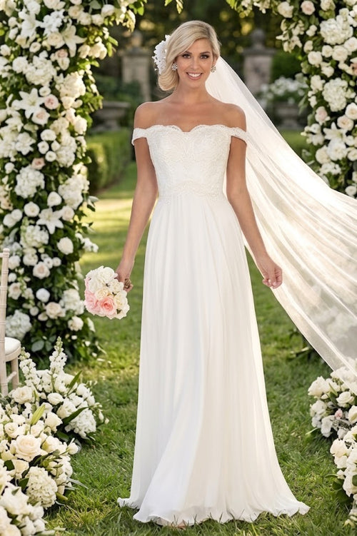 May Queen MQ1644 Off The Shoulder A-line Long Ivory Wedding Gown