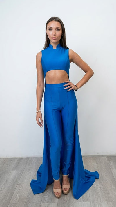 Sleeveless High Neck Cut-Out Jumpsuit with Chiffon Train Fitted Evening Outfit by Jessica Angel 863