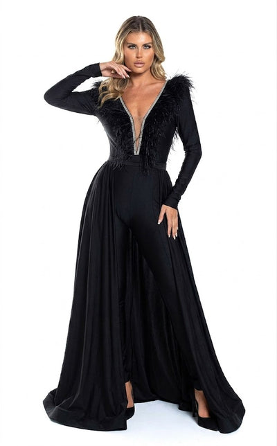 Feather Trim Long Sleeve Jumpsuit Gown with Deep V-Neck & Flowing Overskirt by Jessica Angel 864