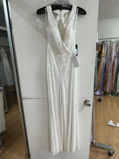 Clearance White Size 4 Sequin Wide Leg Jumpsuit with Criss Cross Open Back By La Femme 28719