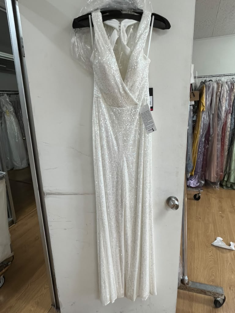 Clearance White Size 4 Sequin Wide Leg Jumpsuit with Criss Cross Open Back By La Femme 28719