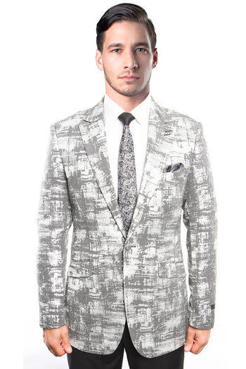 Blazer de hombre gris con estampado de pinceladas y corte entallado de un botón