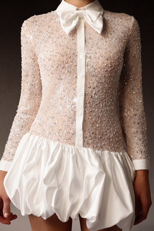 Bella Barnett Theodora Long Sleeveless Embroidery Lace Sequin Puff Cocktail Party Mini Dress