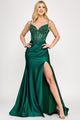 Shimmer Beaded Corset Satin Gown with Spaghetti Straps and High Slit By Lenovia 8404