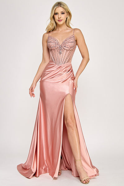 Shimmer Beaded Corset Satin Gown with Spaghetti Straps and High Slit By Lenovia 8404