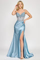 Shimmer Beaded Corset Satin Gown with Spaghetti Straps and High Slit By Lenovia 8404