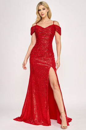 Lenovia 8365 Sequin Cold Shoulder Ruched Stretch Evening Dress