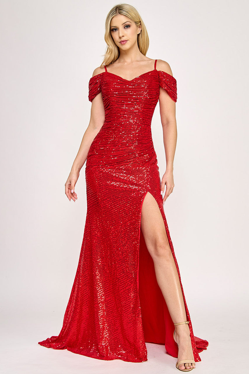 Lenovia 8365 Sequin Cold Shoulder Ruched Stretch Evening Dress