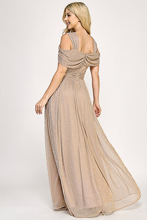 Glittering Cold Shoulder Pleated Metallic A-Line Gown with Draped Bodice By Lenovia 5327