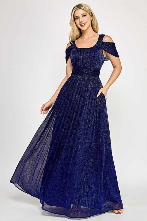 Glittering Cold Shoulder Pleated Metallic A-Line Gown with Draped Bodice By Lenovia 5327