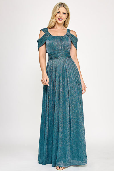 Glittering Cold Shoulder Pleated Metallic A-Line Gown with Draped Bodice By Lenovia 5327