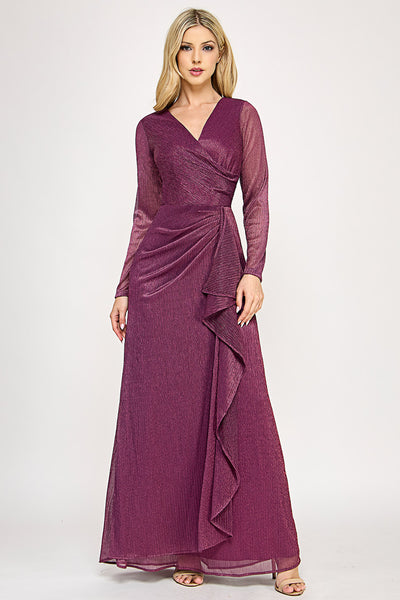 Glitter Mesh Long Sleeve V-Neck Evening Gown with Draped Waist Detail By Lenovia 5324